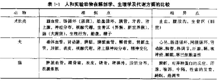 人和实验动物在解剖学、生理学及代谢方面的比较